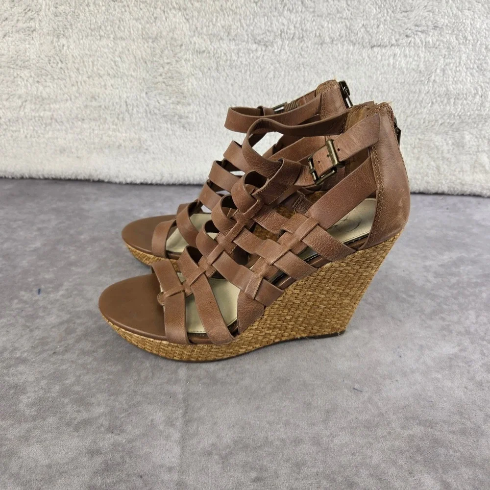 Jessica Simpson Brown Strappy Gladiator Wedge Sandals Tan Woven Platform 7M